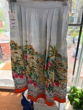 Zara White Midi Skirt with Tropical Floral & Orange Hem